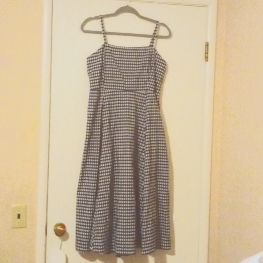 Midi fit and flare gingham navy and white Gap summer dress